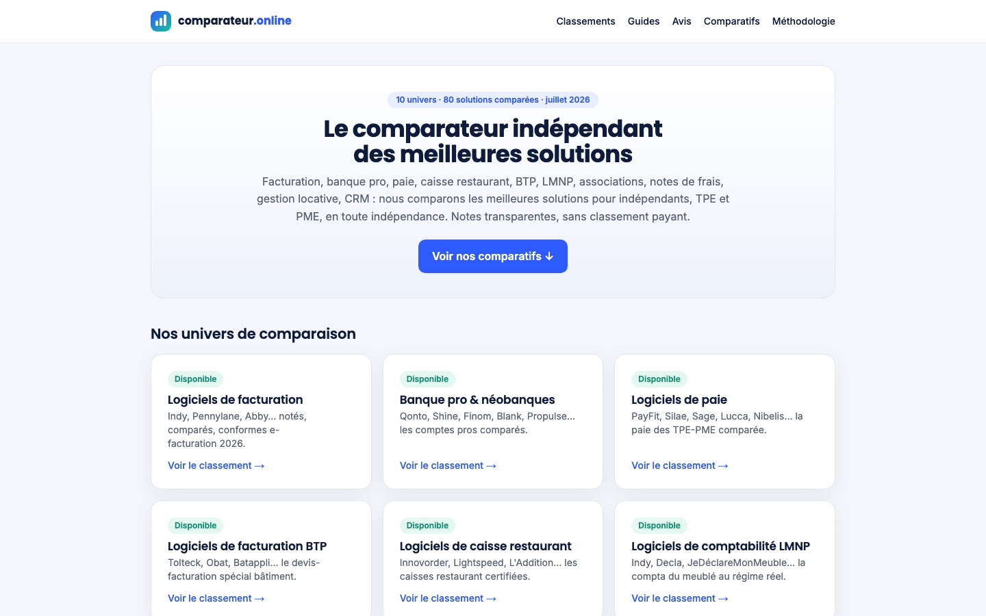 Page d’accueil de comparateur.online : les dix univers de comparaison