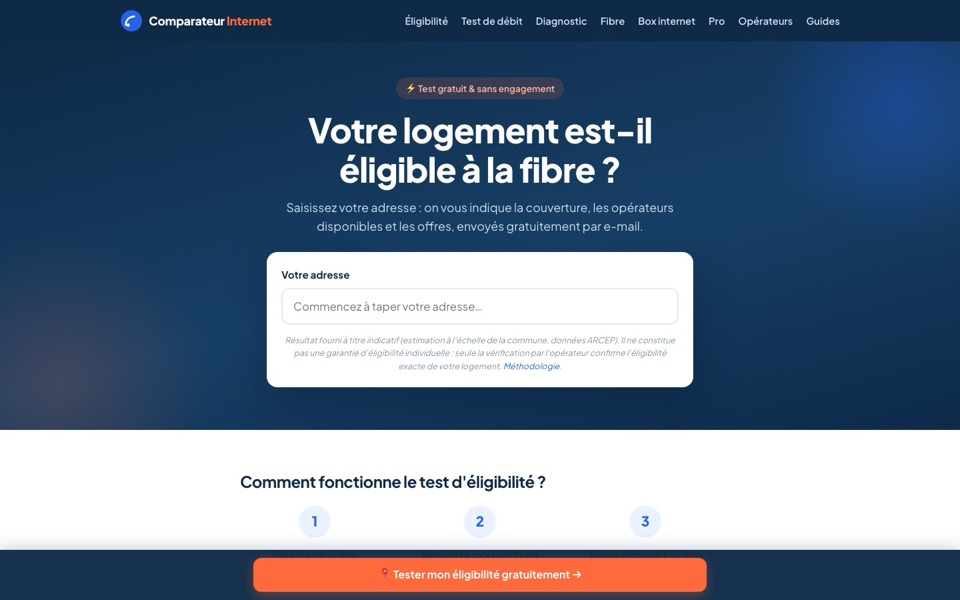 Test d’éligibilité fibre de comparateurinternet.fr : saisie de l’adresse