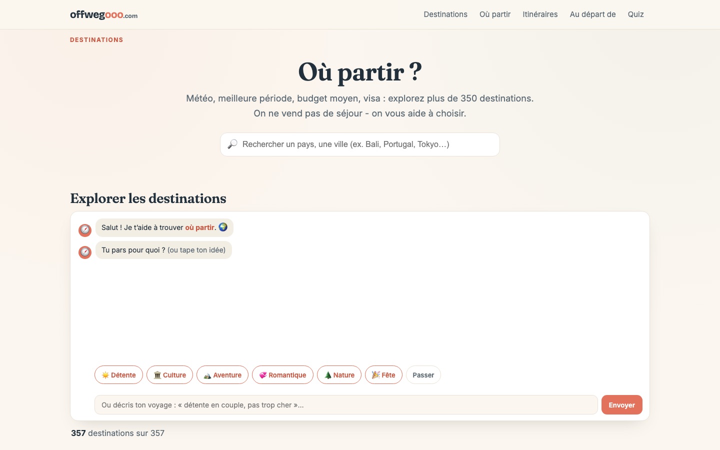 Page d’accueil d’Off We Gooo : le moteur « Où partir ? » et l’assistant conversationnel