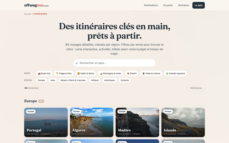 Page « Itinéraires » d’offwegooo.com : 94 voyages filtrables par envie et par région